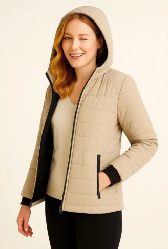 Şişme Kapüşonlu Fermuarlı Mont Su Itici Kapitone Astarlı Kumaş Cepli Kışlık Rahat Kalıp - Bej