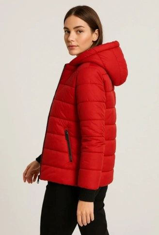 Şişme Kapüşonlu Fermuarlı Mont Su Itici Kapitone Astarlı Kumaş Cepli Kışlık Rahat Kalıp - Kırmızı