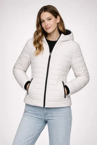 Şişme Kapüşonlu Fermuarlı Mont Su Itici Kapitone Astarlı Kumaş Cepli Kışlık Rahat Kalıp - Krem