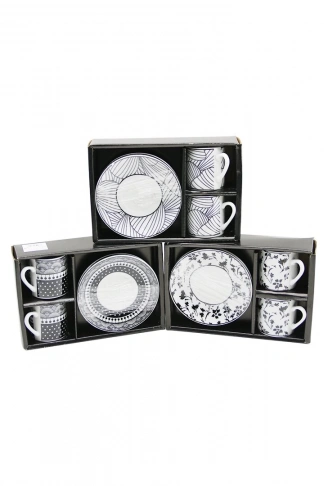 SİYAH - BEYAZ 4PCS=2-TAKIM  PORSELEN KAHVE FİNCANI  ÇİÇEK - ÇİZGİ - NOKTA MİX DESEN (4940)