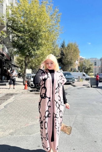 Siyah çizgi desenli elbiseli hırka takım pudra siyah