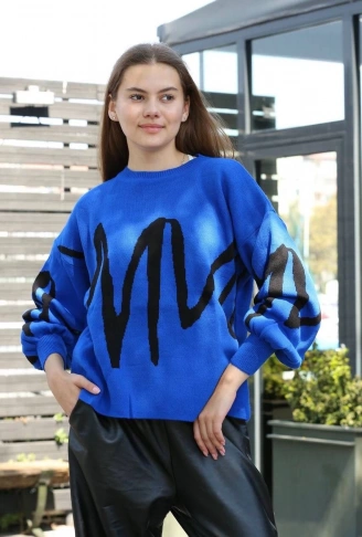 Siyah çizgili bisiklet yaka kazak Saks