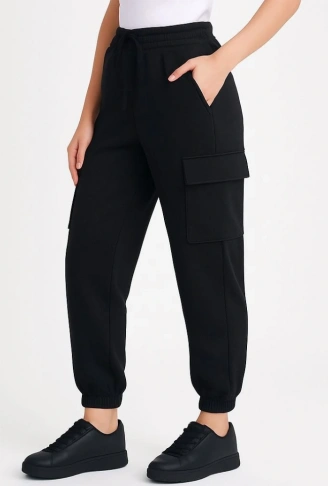 Siyah Jogger Eşofman Altı Rahat Kalıp, Kargo Cepli,  Lastikli Paça, Günlük Spor Pantolon - Siyah