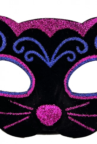 Siyah Kadife Kaplama Üzeri Pembe Mavi Sim İşlemeli Kedi Maskesi 20x13 cm (4940)