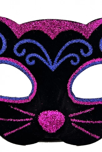 Siyah Kadife Kaplama Üzeri Pembe Mavi Sim İşlemeli Kedi Maskesi 20x13 cm (4940)