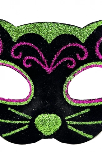 Siyah Kadife Kaplama Üzeri Pembe Yeşil Sim İşlemeli Kedi Maskesi 20x13 cm (4940)