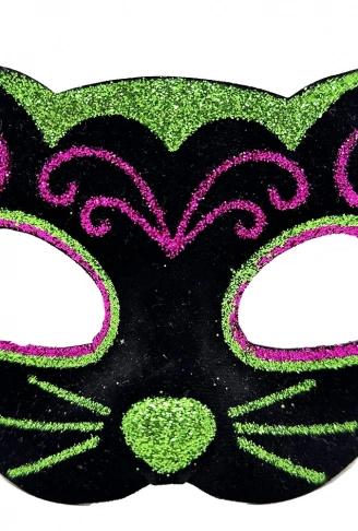 Siyah Kadife Kaplama Üzeri Pembe Yeşil Sim İşlemeli Kedi Maskesi 20x13 cm (4940)
