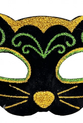 Siyah Kadife Kaplama Üzeri Sarı Yeşil Sim İşlemeli Kedi Maskesi 20x13 cm (4940)