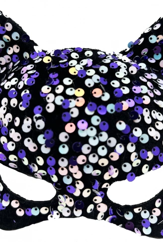 Siyah Kadife Kumaş Üzerine Mor Beyaz Payetli Pullu Parti Maskesi 16x14 cm (4940)