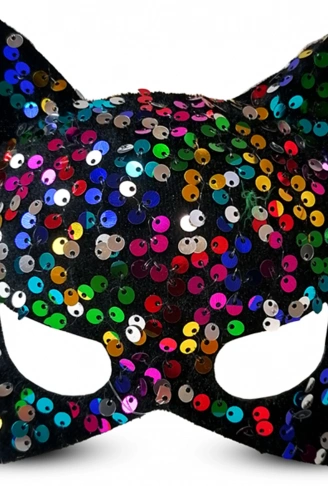 Siyah Kadife Kumaş Üzerine Rengarenk Payetli Pullu Parti Maskesi 16x14 cm (4940)