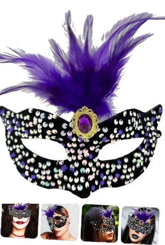 Siyah Kadife Üzeri Rengarenk Payetli Pullu Mor Tüylü Mor Taşlı Parti Maskesi 19x21 cm (4940)