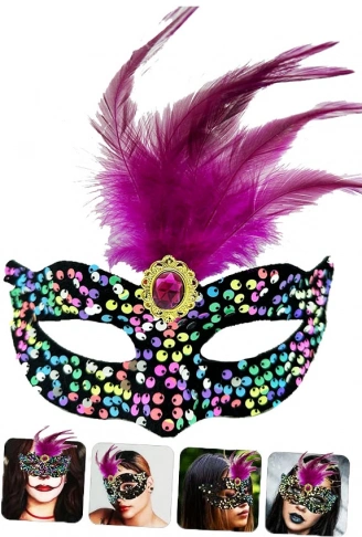 Siyah Kadife Üzeri Rengarenk Payetli Pullu Pembe Tüylü Pembe Taşlı Parti Maskesi 19x21 cm (4940)