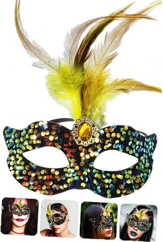 Siyah Kadife Üzeri Rengarenk Payetli Pullu Sarı Tüylü Sarı Taşlı Parti Maskesi 19x21 cm (4940)