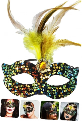 Siyah Kadife Üzeri Rengarenk Payetli Pullu Sarı Tüylü Sarı Taşlı Parti Maskesi 19x21 cm (4940)