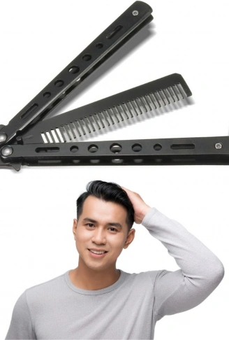 Siyah Katlanabilir Paslanmaz Çelik Kelebek Bıçak Tarak Sakal Bıyık Fırçası Profesyonel Saç Kesimi İçin Tarak (4940)