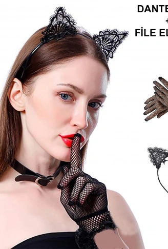 Siyah Kedi Dantel Taç + Eldiven Seti – Parti, Dans ve Kostüm Kombini (4940)