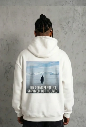 Siyah Oversize Hoodie - Sırt Baskılı Survivor Penguin Temalı, Felsefi Yazılı Kapüşonlu Sweatshirt - Beyaz