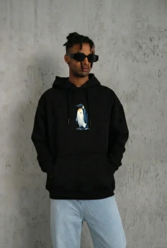 Siyah Oversize Hoodie - Sırt Baskılı Survivor Penguin Temalı, Felsefi Yazılı Kapüşonlu Sweatshirt - Siyah