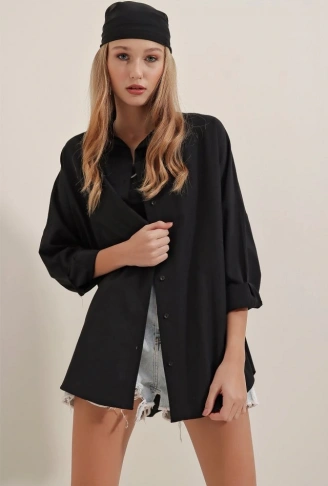 Siyah Oversize Uzun Basic Gömlek 3900