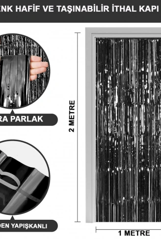 Siyah Renk Ekstra Metalize Parlak Saçaklı Arka Fon Perde İthal A Kalite 1x2 Metre (4940)