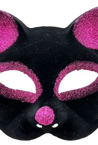 Siyah Renk Fuşya Simli Süet Kaplama Kedi Maskesi 18x14 cm (4940)