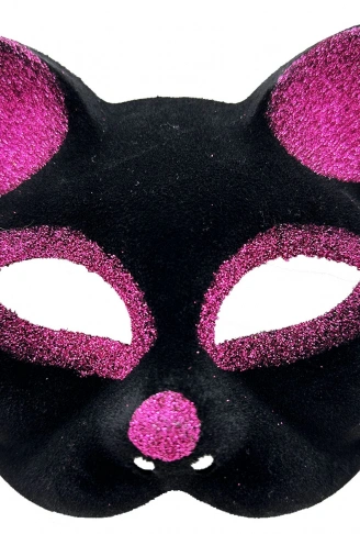 Siyah Renk Fuşya Simli Süet Kaplama Kedi Maskesi 18x14 cm (4940)