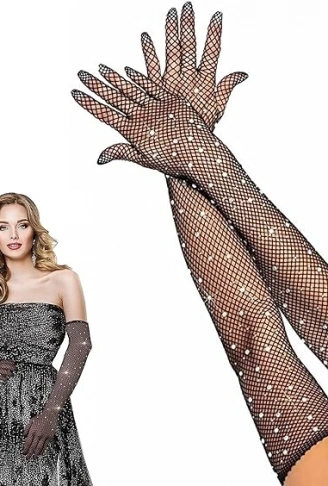 Siyah Renk İncili Elmas İşlemeli File Örgü Uzun Eldiven 45 cm (4940)