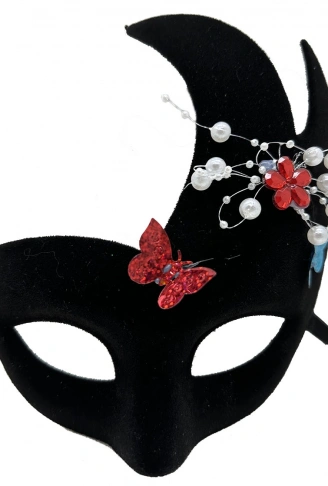 Siyah Renk İncili Taşlı Süet Kaplama Venedik Parti Maskesi 20x22 cm (4940)