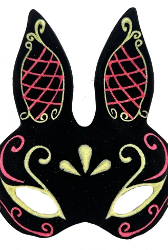 Siyah Renk Kırmızı Gold Simli Siyah Süet Kaplama Tavşan Maskesi 18x16 cm (4940)