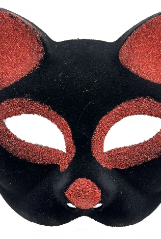 Siyah Renk Kırmızı Simli Süet Kaplama Kedi Maskesi 18x14 cm (4940)