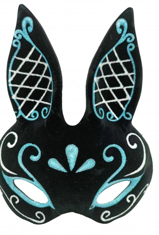 Siyah Renk Mavi Beyaz Simli Siyah Süet Kaplama Tavşan Maskesi 18x16 cm (4940)