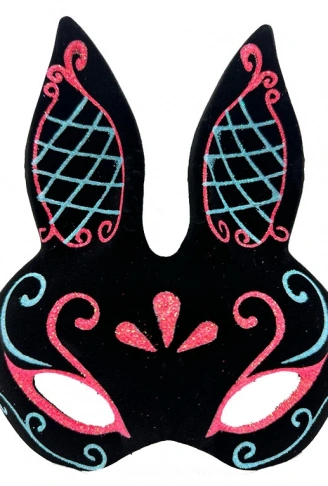 Siyah Renk Mavi Kırmızı Simli Siyah Süet Kaplama Tavşan Maskesi 18x16 cm (4940)