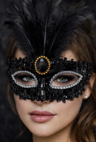 Siyah Renk Payetli Pullu Tüylü Parti Maskesi 17x20 cm (4940)