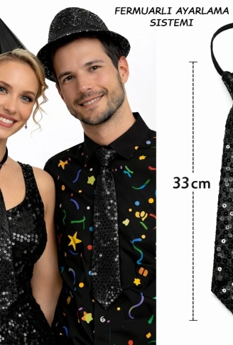 Siyah Renk Pul Payetli Işıltılı Parti Kravatı 33 cm (4940)