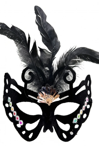 Siyah Renk Siyah Süet Kaplama Tüylü Kelebek Figür Parti Maskesi 24x18 cm (4940)