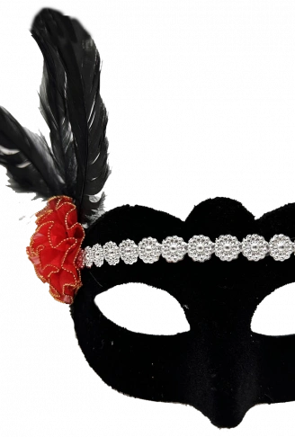 Siyah Renk Süet Kaplama Gümüş Dantelli Kırmızı Gül Tasarımlı Parti Maskesi 18x20 cm (4940)