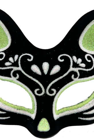 Siyah Renk Süet Kaplama Üzeri Gümüş Yeşil Simli Kedi Maskesi 17x14 cm (4940)