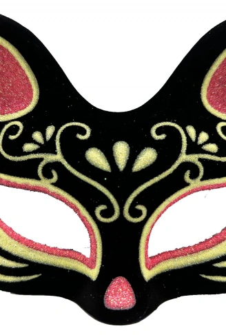 Siyah Renk Süet Kaplama Üzeri Kırmızı Sarı Simli Kedi Maskesi 17x14 cm (4940)