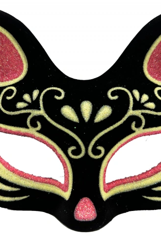 Siyah Renk Süet Kaplama Üzeri Kırmızı Sarı Simli Kedi Maskesi 17x14 cm (4940)