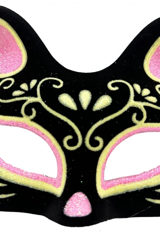 Siyah Renk Süet Kaplama Üzeri Pembe Sarı Simli Kedi Maskesi 17x14 cm (4940)