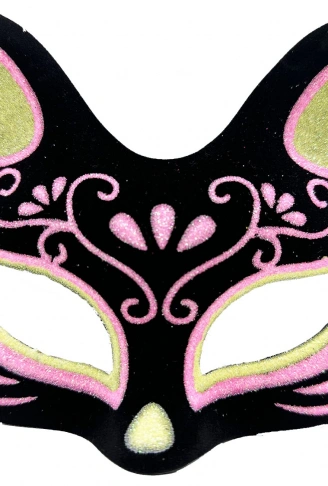 Siyah Renk Süet Kaplama Üzeri Sarı Pembe Simli Kedi Maskesi 17x14 cm (4940)