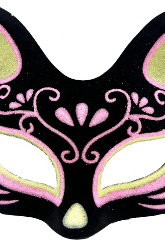 Siyah Renk Süet Kaplama Üzeri Sarı Pembe Simli Kedi Maskesi 17x14 cm (4940)