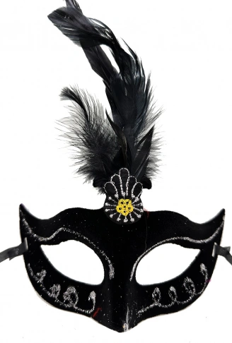 Siyah Renk Tüylü Siyah Süet Kaplama Parti Balo Maskesi 20X16 cm (4940)