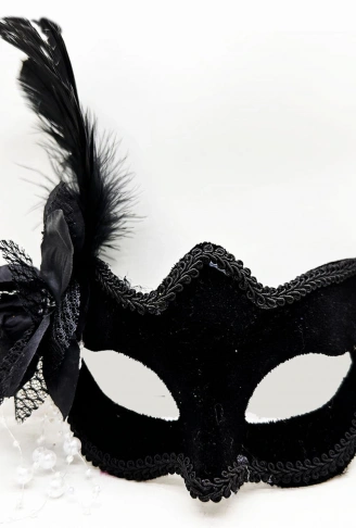 Siyah Renk Yandan Tüylü Beyaz İncili Süet Kaplama A Kalite Lüks Parti Maskesi 20x23 cm (4940)