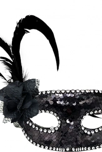 Siyah Renk Yandan Tüylü Güllü Gümüş Taşlı Pullu Maske 20x22 cm (4940)