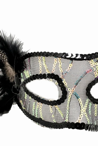 Siyah Renk Yandan Tüylü Pul Payet İşlemeli Parti Maskesi 23x12 cm (4940)