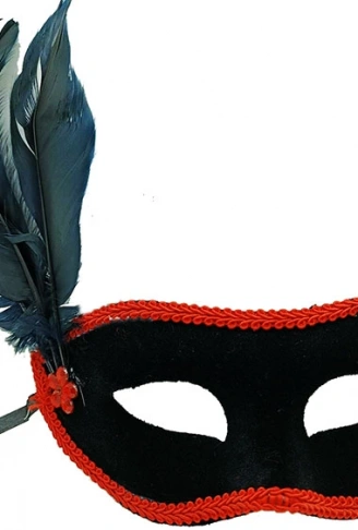Siyah Renk Yandan Tüylü Siyah Süet Kaplama Parti Balo Maskesi 21x20 cm (4940)