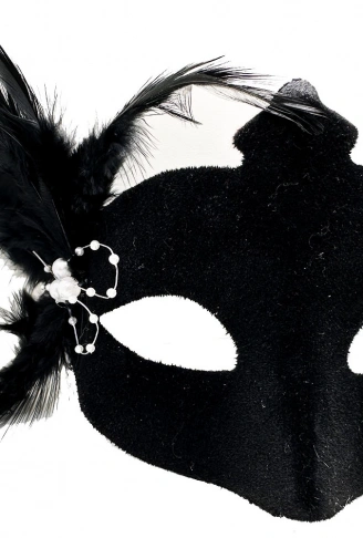 Siyah Renk Yandan Tüylü Süet Kaplama Beyaz İncili Parti Maskesi 18X15 cm (4940)
