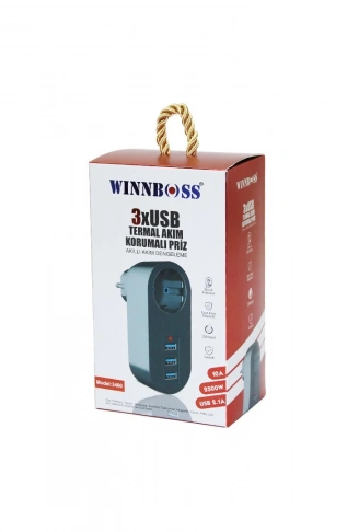 SİYAH TERMAL AKIM KORUMALI  1XPRİZ 3XUSB DUVAR TİPİ PRİZ 10A - 2500W (4940)