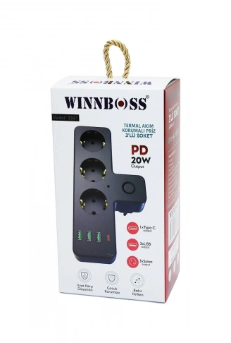 SİYAH TERMAL AKIM KORUMALI  3XPRİZ 3XUSB (1XTYPE-C DUVAR TİPİ PRİZ (4940)
